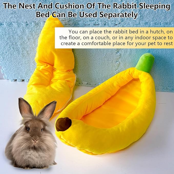 Rabbit Bed,Bunny Bed,Thick&Soft with Removable Mat,Machine Washable Guinea Pig Cushion,Cozy Rabbi Plush House,Warm Small Animal Sleeping Beds(Yellow Banana Shape-L)
