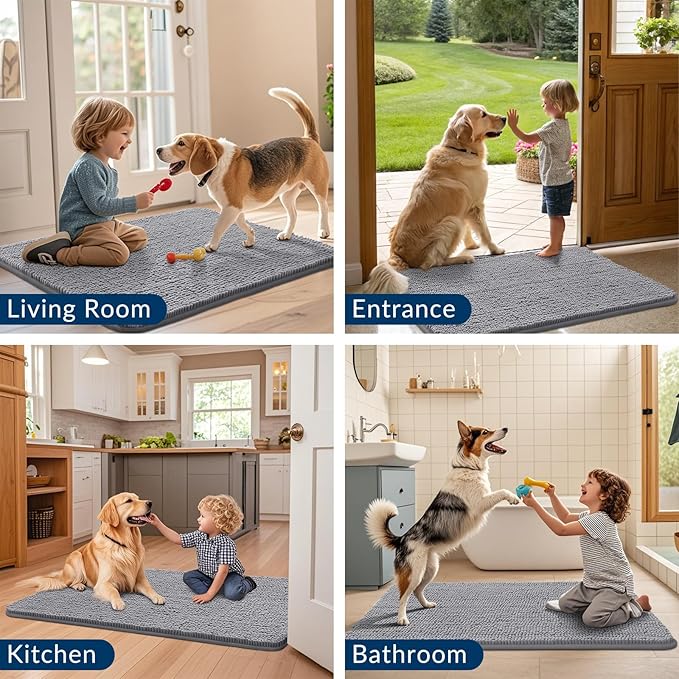 Smiry Dog Door Mat for Muddy Paws 54x24, Absorbs Moisture and Dirt Doormat, Non-Slip Washable Quick Dry Chenille Front Door Mat Indoor Entrance, Entryway Carpet for Inside Floor, Grey