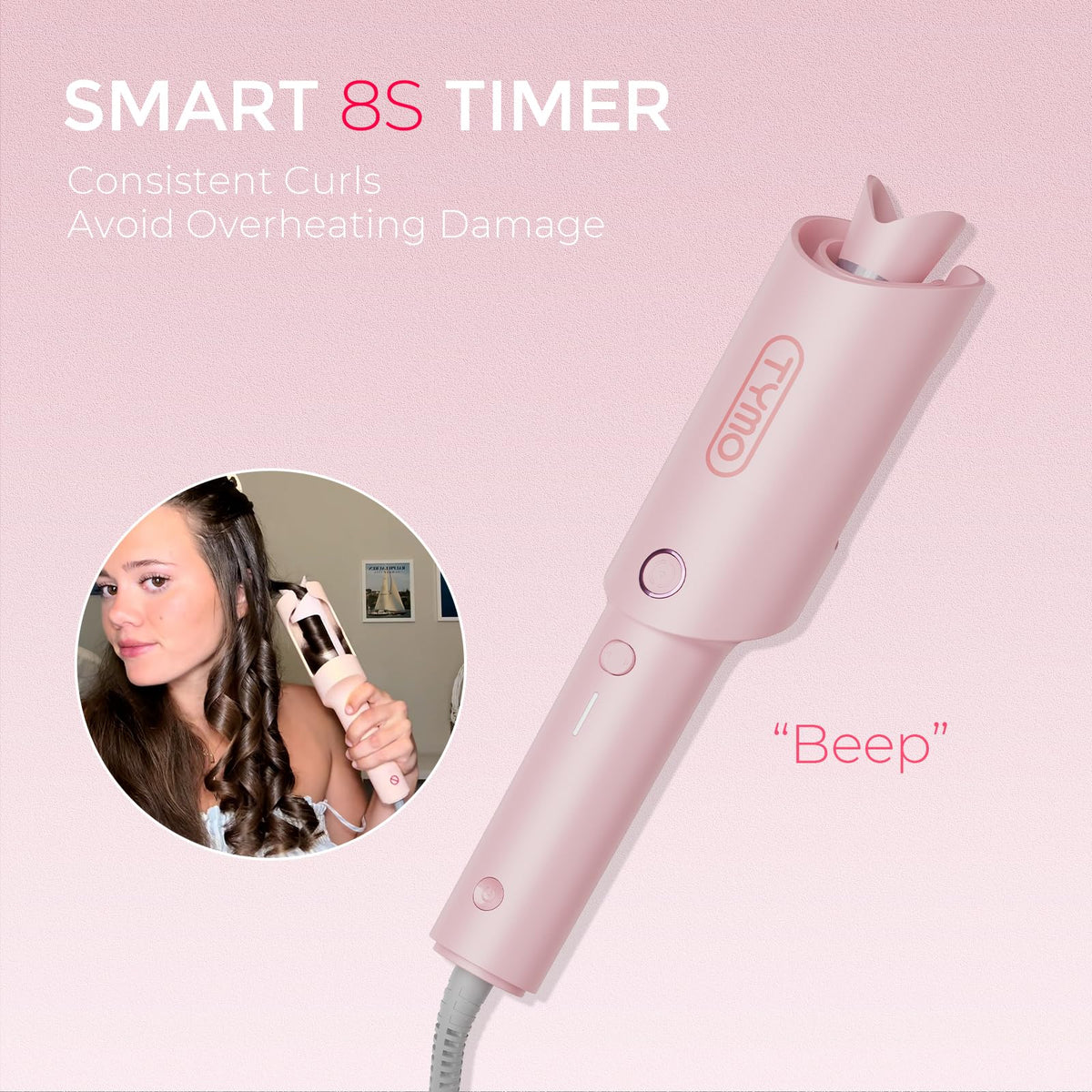 TYMO Automatic Rotating Curling Iron - TYMO CURLPRO Beach Waves Curling Wand, Portable Hair Curler, 500 Million Ionic, Dual Voltage & Lightweight for Travel, Ceramic Coating, 1 Inch, Pink