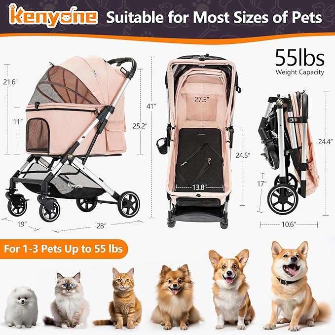 Medium Dog Stroller, Kenyone Pet Stroller for Medium Dogs Up to 55lbs, Lightweight Aluminum Frame, One Click Folding, Large Cat Stroller with No Zip Entry, Detachable Mesh, Multiple Pockets