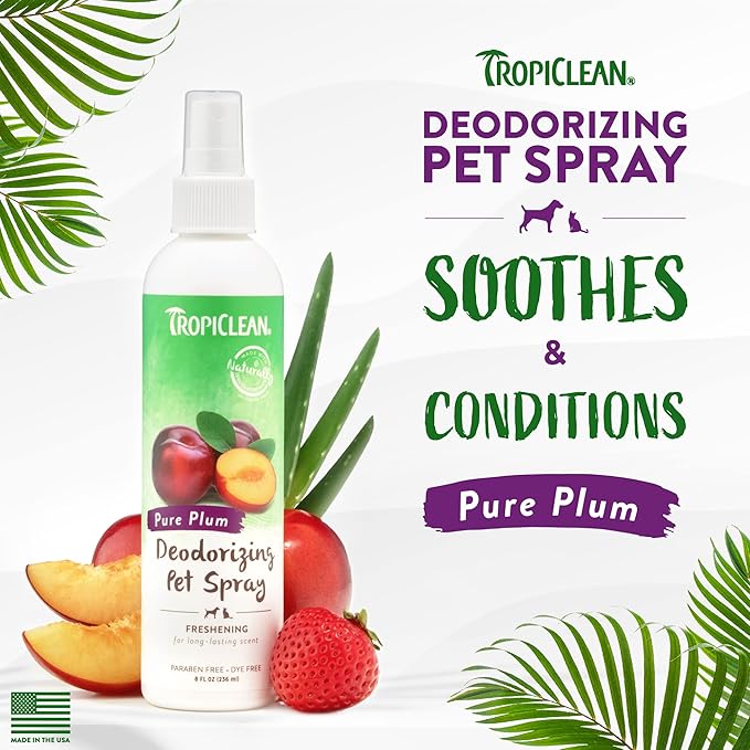 TropiClean Dog Perfume, Long Lasting Plum Cologne, Deodorizing Spray for Smelly Dogs, After Bath Detangling Spray with Vitamin E, Safe for Cats, 8oz.