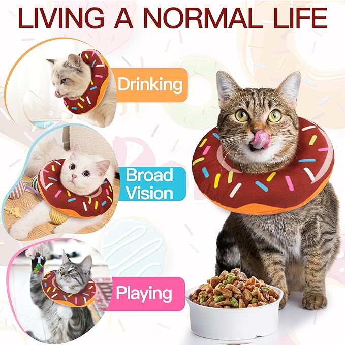 Cat Cone Collar Soft, Cute Cat Donut Collar After Surgery, Adjustable Kitten Recovery Cones to Stop Licking, Lightweight Neck Elizabethan Collars for Cats Kittens (Brown, Medium)
