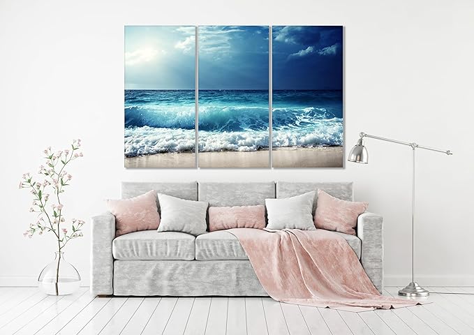 Nature Wall Art Prints - Ocean Forest Mountain Lake Canvas Landscapes - Small to Extra Large Living Room Bedroom Kitchen Bathroom Décor (Summer Ocean Beach, 31L" x 47W" - 3 Panels)