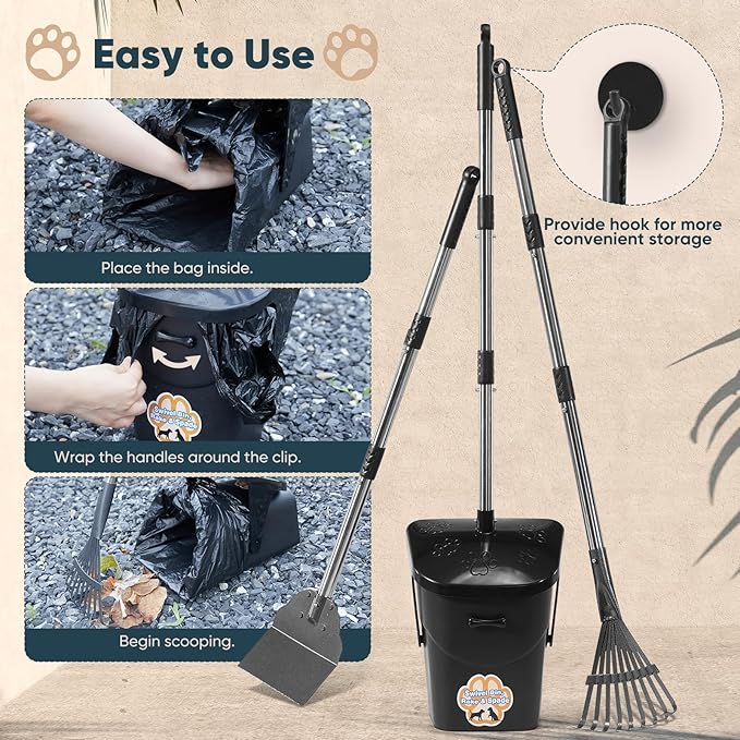 Stainless Steel Dog Pooper Scooper,40" Long Handle Swivel Bin, Rake and Spade,20 Waste Bags & Hook - Heavy Duty Portable Metal Poop Scooper for Large,Medium and Small Dogs