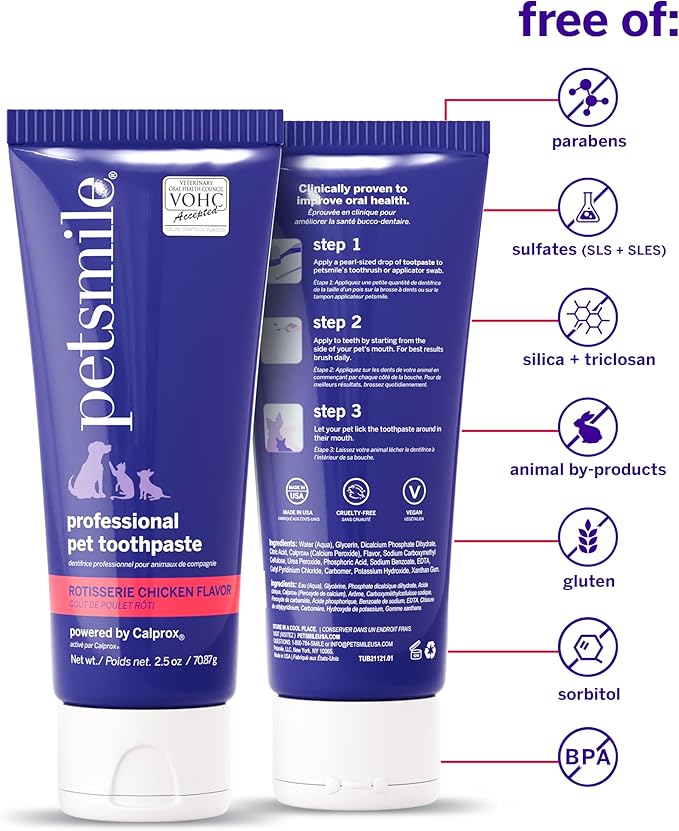 Petsmile Professional Pet Toothpaste for Cats & Dogs - Only VOHC Accepted Toothpaste - Clinically Proven to Control Plaque & Tartar Calprox Formula (Rotisserie Chicken, 2.5 Oz)