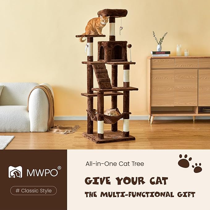 MWPO 63.8 inches Multi-Level Cat Tree for Large Cats with Sisal-Covered Scratching Posts, Padded Platform, Hammock and Condo,Stable Cat Tower Cat Condo Pet Play House (Brown)