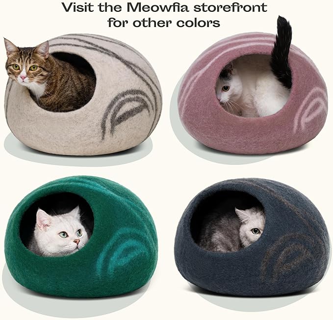 MEOWFIA Cat Cave – Premium Felt Cat Bed for Indoor Cats, Handmade 100% Merino Wool (Medium, Ivory Rainbow)