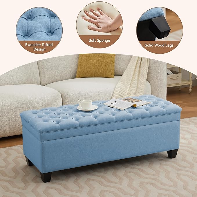 51" Fabric Storage Ottoman Bench, Upholstered Rectangle End of Bed Storage Ottoman Tufted Living Room Bedroom Bench with Safety Hinge, Solid Wood Legs, Loads 500 lb(Light Blue)