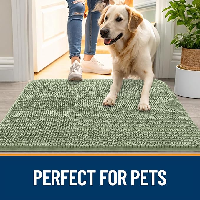 OLANLY Dog Door Mat Set 2-Piece 30x20, Absorbs Moisture and Dirt, Absorbent Non-Slip Washable Doormat, Quick Dry Chenille Mud Mat for Dogs, Entry Indoor Entryway Carpet for Inside Floor, Sage Green