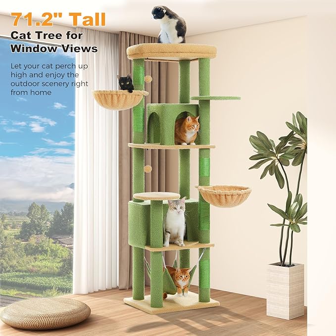 71.2" Large Cat Tree for Multi-Cat Households - 9-Level Cat Tower w/5 Sisal Scratching Posts, 2 Condos, Soft Hammock, Top Perch & Pom Poms - Heavy-Duty Space-Saving Design, Cactus Green