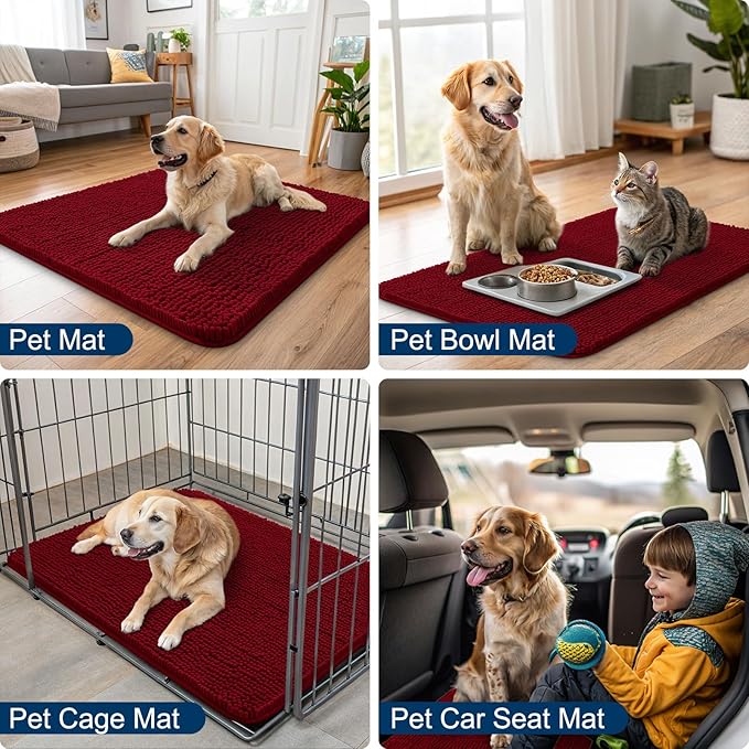Smiry Dog Door Mat for Muddy Paws 30x20, Absorbs Moisture and Dirt Doormat, Non-Slip Washable Quick Dry Chenille Front Door Mat Indoor Entrance, Entryway Carpet for Inside Floor, Red