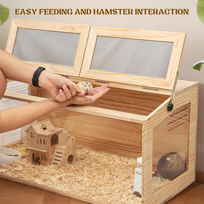 Hamster Cage 40 Inch Wooden Chewproof, 270° View Habitat with Bite-Proof Metal Mesh & Dual Access Doors, Acrylic Sheets & Solid Build for Dwarf Syrian Hamsters/Gerbils/Guinea Pigs/Chinchillas
