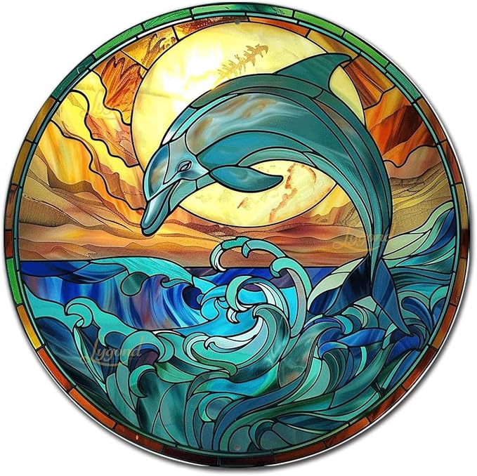 Lygond Metal Sign Tin Sign Circular Stained Glass Dolphin Funny Gardening Gift for Gift 8×8 Inches