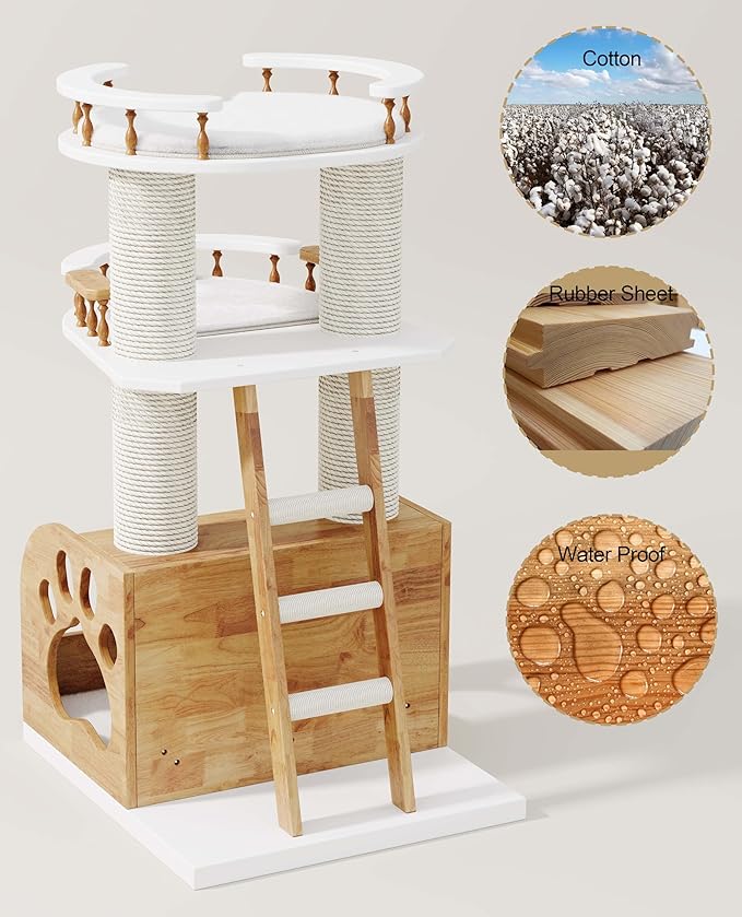 Modern Cat Tree, Solid Wooden Cats Tower, 37" Luxury Cats Trees Condo for Large Cat, Multi-Level Cat Tree Tower Natural Cat House Furniture, with Scratching Posts, Removable Washable Cushions