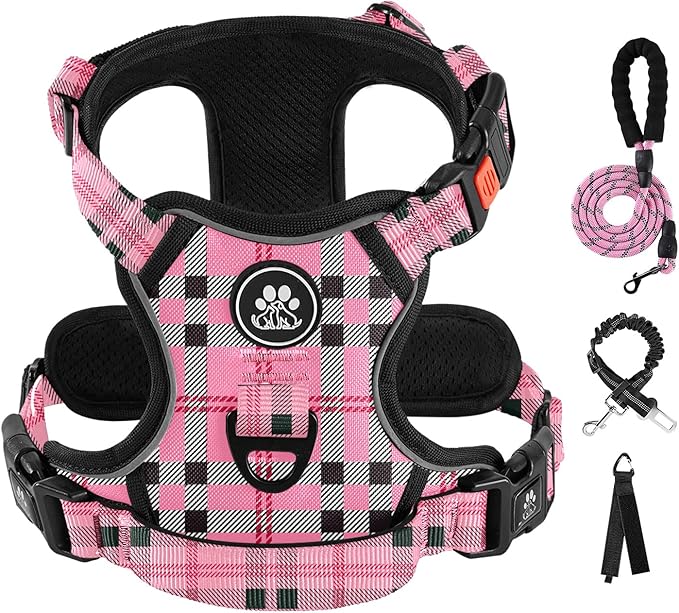 IVY&LANE No Pull Dog Harness with Leash Set, Reflective No Choke Pet Vest,Adjustable Oxford Dog Vest Harness with Easy Control Handle for Large Dogs (Checkered Pink,L)