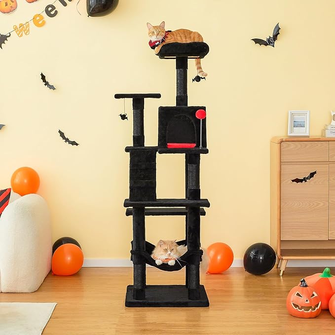 MWPO Gothic Cat Tree for Indoor Cats, 63.8 Inches Multi-Level Cat Tower with Sisal-Covered Scratching Posts, Padded Platform, Hammock, Dangling Toys, Stable Cat Condo Pet Play House, Black