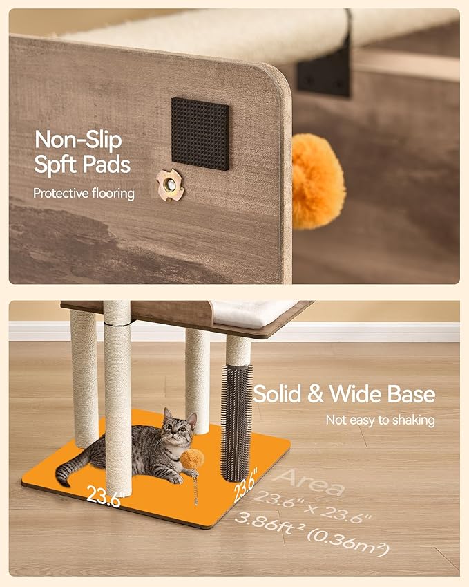 FourFurPets 43.7" Cat Tree, Modern Cat Tree Tower, Cat Tower for Indoor Cats Large Adult, Cat Condo with Scratching Post, Large Perch and Removable Pads, Greige