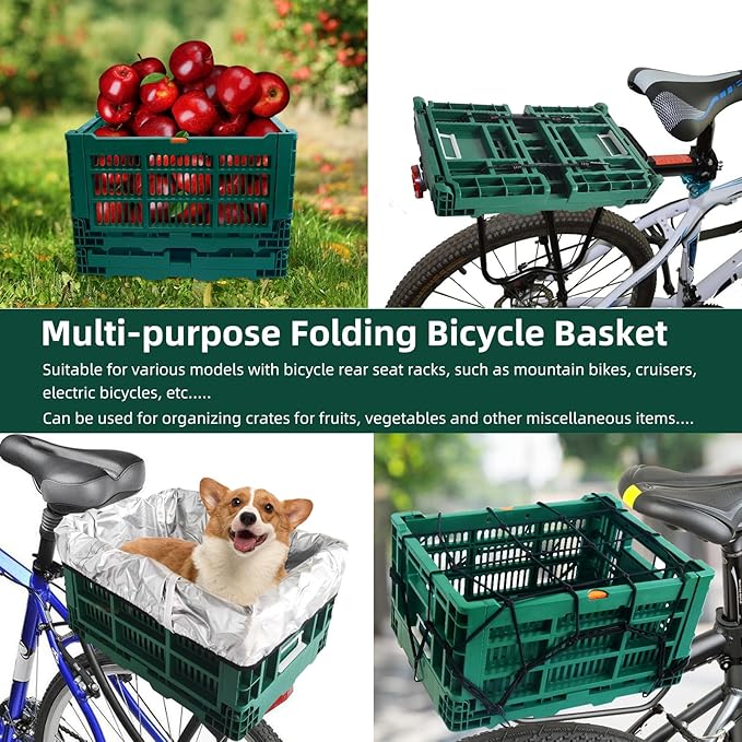 Foldable Large Green Plastic Bicycle Rear Basket with Cargo Net and Waterproof Cover Net for Shopping Outings, Pets, School, Picnics or Outdoor Activities, Easy to Install on Rack Mount