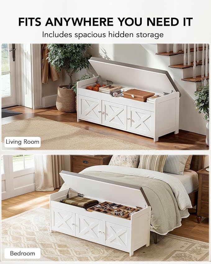 Amada Shoe Storage Bench, Entryway Bench with Cushioned Seat & Lift Top Storage, 3 Doors, Adjustable Shelf, 300 lbs Capacity, Bench with Shoe Rack for Entryway, Bedroom, Living Room, White