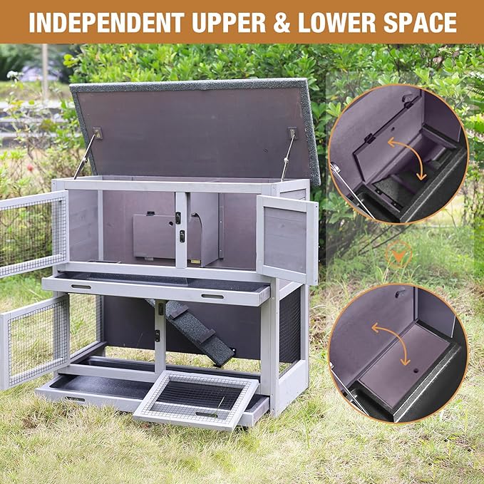 Rabbit Hutch Indoor Outdoor, Bunny Cage with Casters, Guinea Pig Cage Bunny Hutch with Two Plastic Trays 36inch