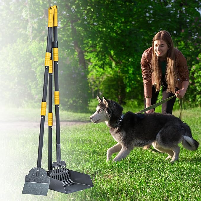 Niubya Pooper Scooper for Dogs, Metal Poop Scooper Tray Spade and Rake Set, Poop Scoop with Adjustable Long Handle, Dog Pooper Scooper for Pet Waste Removal
