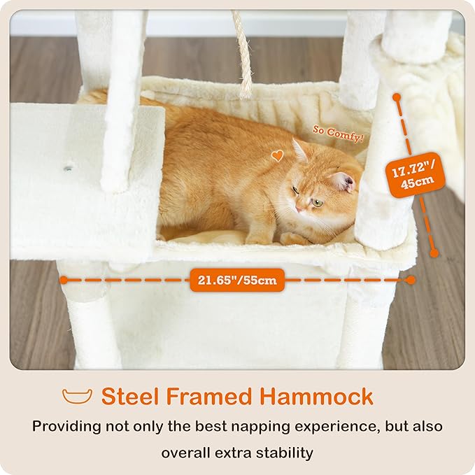 Ouritsu Cat Tree, 56 inch Tall Cat Tower for Large Cat Indoor, Large Condo, 2 Padded Perches, Steel-Framed Hammock, Scratching Post and ramp, Fluffy Basket, Beige, LF001WH