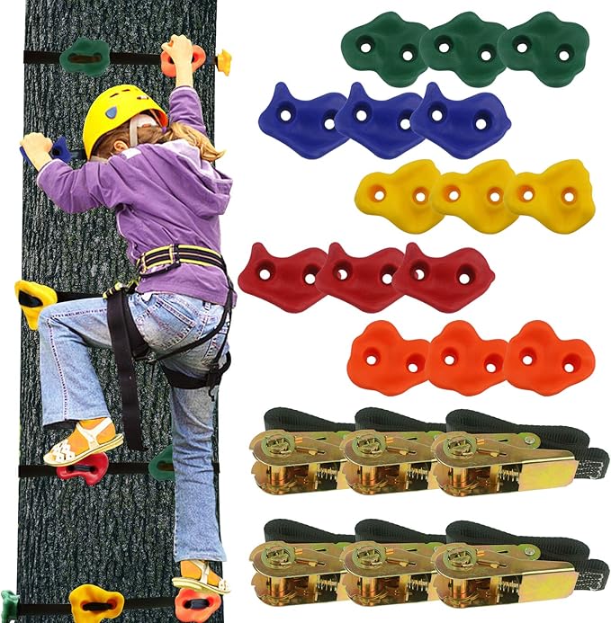 Ogrmar 15 Packs Ninja Tree Rock Climbing Holds Kits with 6 Ratchet Straps for Kids & Adults Outdoor Backyard Ninja Tree Obstacle Course Training