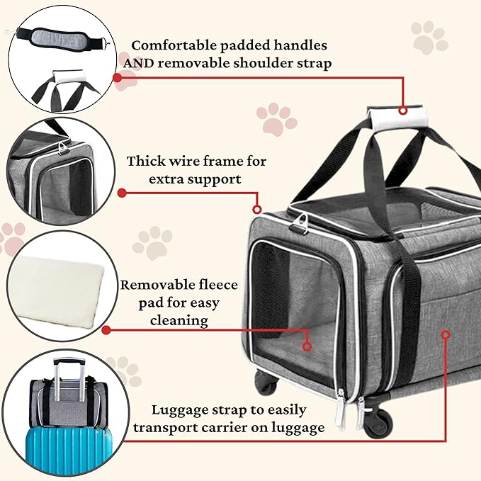 Airline Approved Expandable Premium Pet Carrier on Wheels- Two Sided Expandable Rolling Carrier- Designed for Dogs & Cats- Extra Spacious Soft Lined Carrier! (Grey)