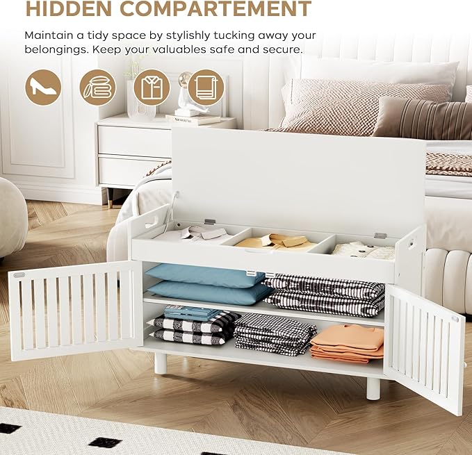 Storage Bench, Bamboo Shoe Bench with Padded Seat Cushion & 2 Doors, 2-Tier Entryway Bench with Lift Top Hidden Storage, 35.4" W x 12.6" D x 19.7" H, Shoe Rack Cabinet for Entryway, Living Room, White