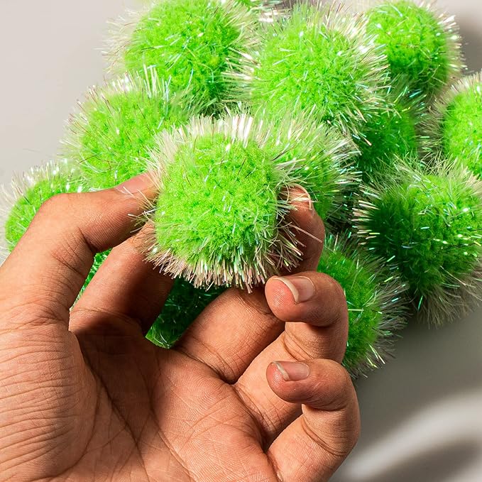VAPKER 30 Pcs Cat Ball Toys Sparkle Balls Extra Large 2 Inch Cat's Favorite Chase Glitter Ball Glitter Tinsel Pom Poms Balls Green Color