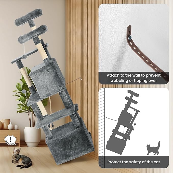 69in Large Cat Tree Tower for Indoor Cats with Soft Plush Hang Ball, Two Condos, Sisal Scratch Posts & Rope Play for Kittens/Adult Cats, Grey