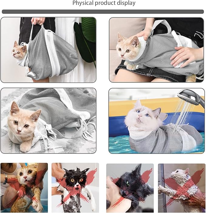 8 Piece Cat Grooming Supplies ，Adjustable Multifunctional Anti-Bite Shower net Bag，Cat Claw Covers，Cat Bath Brush and Cat Nail Clipper(Grey-B)