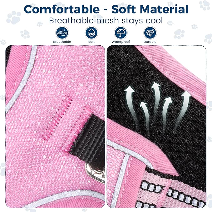 Funfox Dog Harness No Pull, Adjustable Pet Vest Harness, Super Soft Material with Vertical Handle Easy Control, Reflective Night Walking, 2 Leash Clips for Large Dogs, Pink, L
