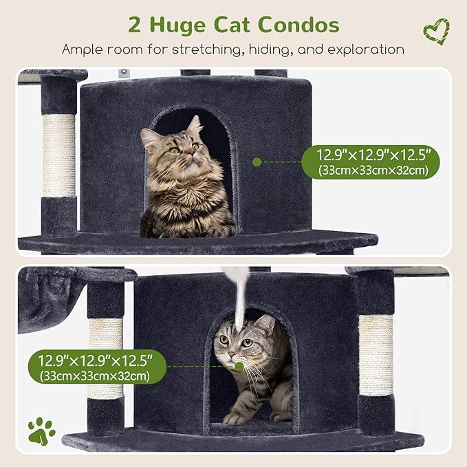 Globlazer Corner Cat Tree for Large Cats, 66inch Tall Curved Series Large Cat Tower for Multiple Indoor Cats with 6 Scratching Posts, 2 Spacious Cat Condos, Hammock, Hanging Basket, C66, Dark Grey