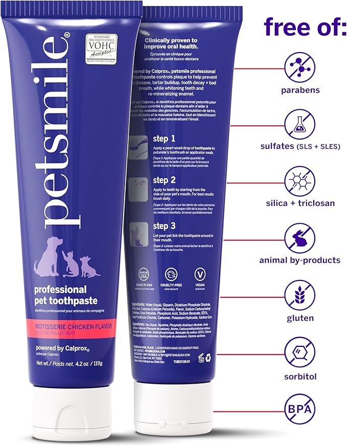 Petsmile Professional Pet Toothpaste for Cats & Dogs - Only VOHC Accepted Toothpaste - Clinically Proven to Control Plaque & Tartar Calprox Formula (Rotisserie Chicken, 4.2 Oz)