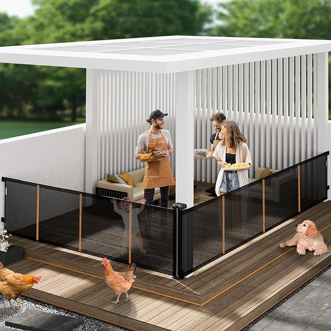 2-in-1 Retractable Baby Gates, 41" Tall Mesh Dog Gate 1-Pack, One Side Up to 200" Wide, Total 400" Wide, Long Retractable Pet Gate for Yard Swimming Pool Garage Indoor Outdoor-Black