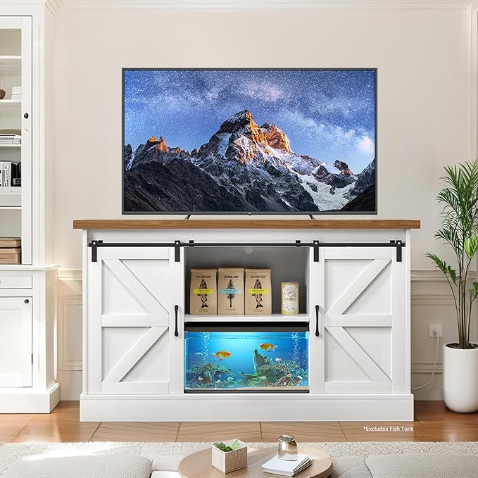 55-75 Gallon Fish Tank Stand with Sliding Barn Doors & Power Outlet, Heavy Duty Aquarium Stand with Cabinet Storage for Fish Tank, Turtle Tank, Reptile Terrarium, 1000LBS Capacity, White