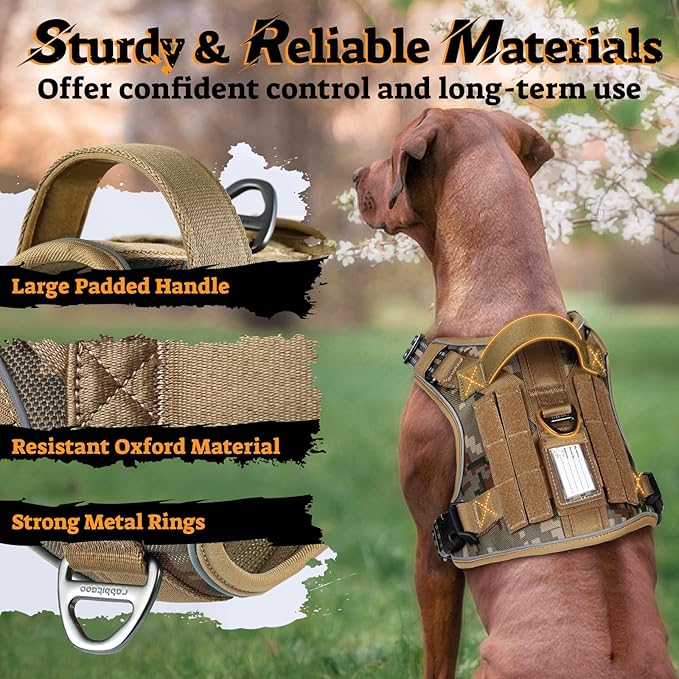 rabbitgoo Dog Harness for Large Dogs No Pull, Tactical Service Pet Vest with Molle and Control Handle, Adjustable and Reflective Military Harness for Easy Walking and Training, Desert camo, XL