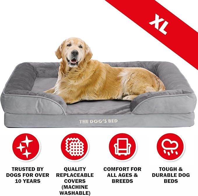The Dog’s Bed, Orthopedic Standard Foam Waterproof Dog Bed with Standard Support, XL Silver Grey Plush, Waterproof, Supportive Dog Bed with Replaceable Covers, Veterinary Approved