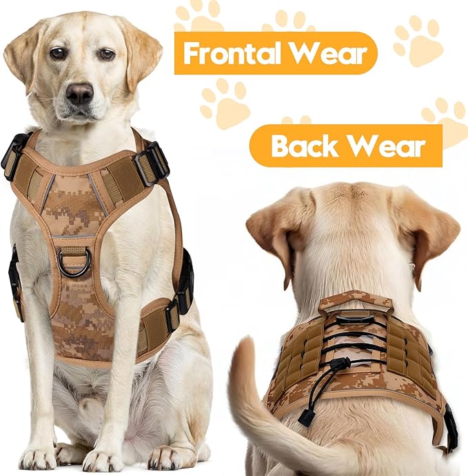 Heavy-Duty Tactical Dog Harness for Large Dogs, No Pull Adjustable Reflective Pet Vest with Molle System, K9 Military-Grade Control for Service Training, Outdoor & 10+ Breeds, Khaki Camo, X-Large