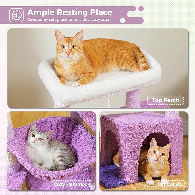 PEQULTI 36.5'' Cat Tree for Indoor Cats, Small Cat Tower with Large Cat Condo, Scratching Posts, Cozy Hammock and Scratching Ladder for Kittens, Purple