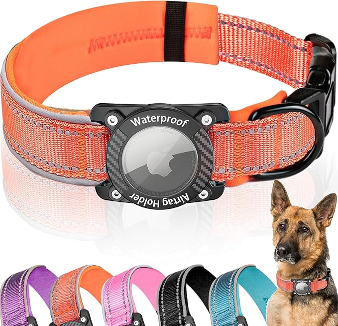 Upgraded AirTag Dog Collar, IP68 Waterproof Dog Collar with Apple Air Tag Holder, Reflective Adjustable Heavy Duty Dog Collars with Soft Padded for Small, Medium and Large Dogs,Orange, XL