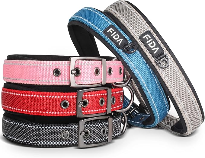 Fida Heavy Duty Dog Collar, Ultra Comfortable Soft Neoprene Padded, Adjustable Reflective Nylon Pet Collar with Durable Metal Belt Buckle for Small Breeds (S, Pink)