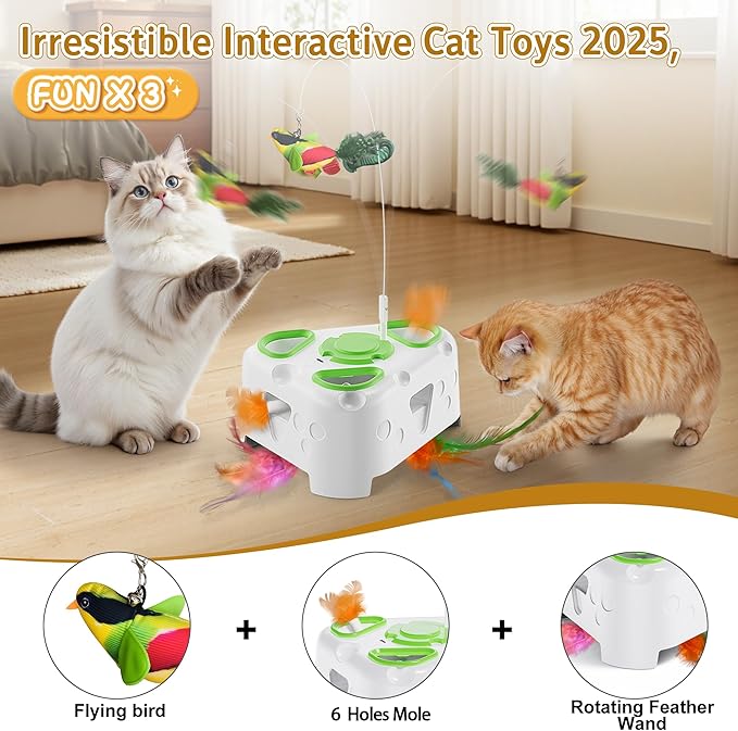 3-in-1 Interactive Cat Toys for Indoor Cats,Automatic Kitten Toy,Flying Bird,6 Holes Mole,Rotating Feather, Rechargeable USB Interactive Cat Feather Toys for Bored Indoor Cats