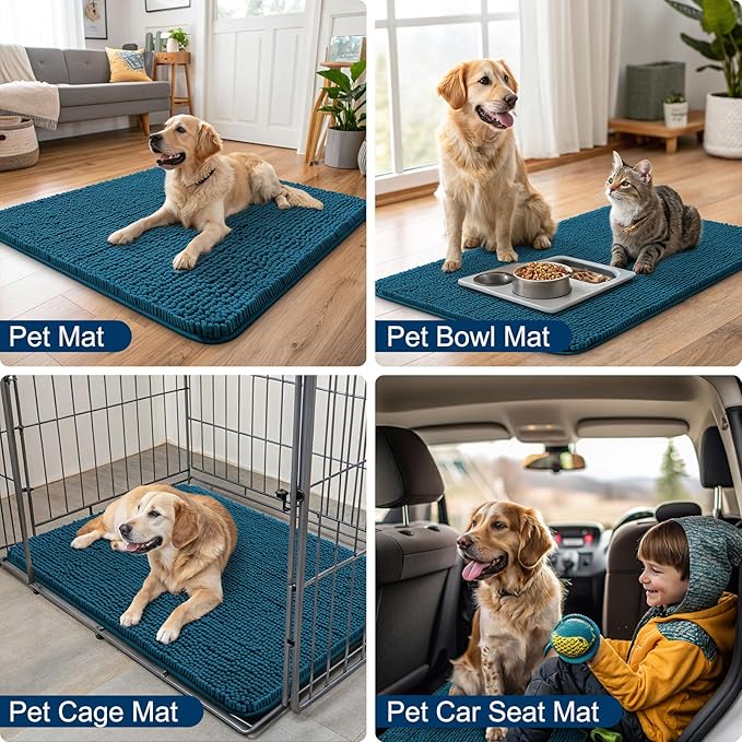 Smiry Dog Door Mat for Muddy Paws 30x20, Absorbs Moisture and Dirt Doormat, Non-Slip Washable Quick Dry Chenille Front Door Mat Indoor Entrance, Entryway Carpet for Inside Floor, Atlantic Blue