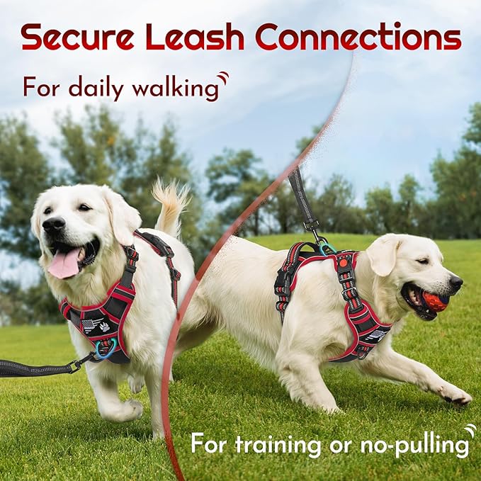 Eagloo Dog Harness for Large Dogs, Easy Wearing with 3 Buckles, Adjustable No Pull Pet Harness with 2 Rings for Walking, No Chock Reflective Soft Padded Vest with Control Handle, Black & Red, L