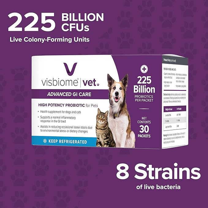 Visbiome® Vet Advanced GI Care Probiotic for Dogs & Cats – 225B CFU, 8-Strain Formula – Veterinarian Recommended, Clean Label Certified – 30 Packets
