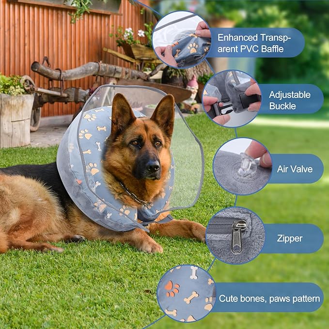 Inflatable Dog Cone Collar, Adjustable Size Soft PVC 2-in-1 Dog Donut Collar After Surgery with Detachable, Inflatable Collar for Small Medium Large Dogs and Cats (Grey, Medium)