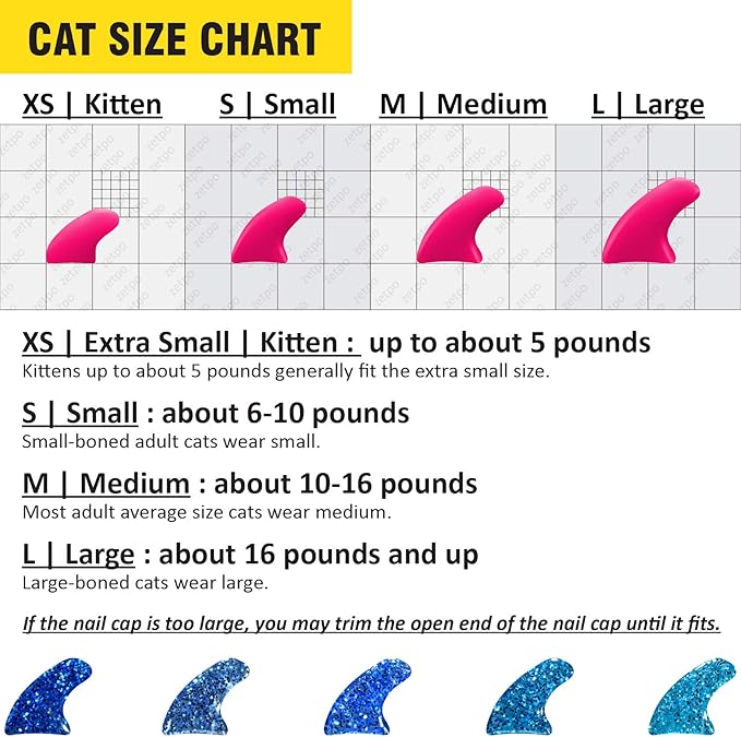 zetpo 100 pcs Cat Nail Caps | Cat Claw Covers | with Adhesives and Applicators (S, 5X Blue Glitter Shades)