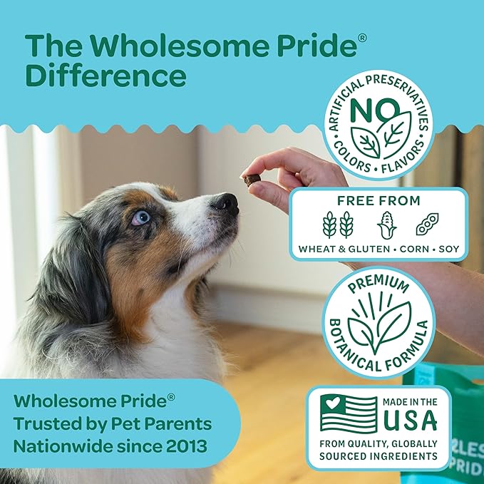 Wholesome Pride Calming Supplement for Dogs - 90 Soft Chews - Natural Anxiety Relief, Separation & Noise Stress Support with Herbal Ingredients, No Melatonin, Non-Drowsy